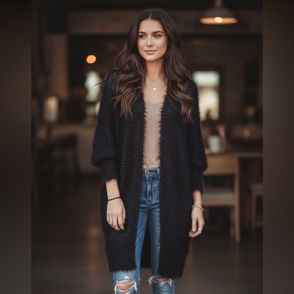 Tea & Cup Los Angeles Black Fuzzy & Soft Women's Sweater Cardigan